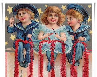 Antike Postkarte Patriotischer Vierter Juli Feuerknacker Kinder Junk Journal Scrapbook Digital Download