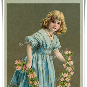 Cartão postal antigo menina vitoriana flor guirlanda lixo diário álbum de recortes download digital