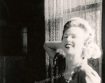 Vintage Image Woman Window Lace Curtain Smiling Interesting Light Junk Journal Scrapbook Digital Download