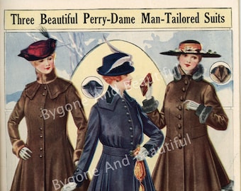 May include: Three women wearing long coats with fur trim. The coats are brown, blue, and brown. The women are wearing hats and gloves. The text "Three Beautiful Perry-Dame Man-Tailored Suits" is at the top of the image. The text "Bygone And Beautiful" is repeated three times in the image.