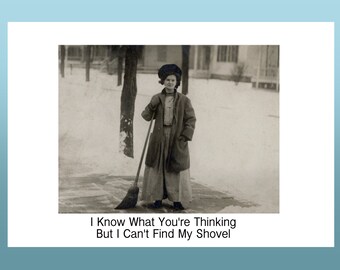 Christmas Funny Humorous Shoveling Snow Winter Greeting Card Vintage Photo Digital Download Printable Card Blank Inside