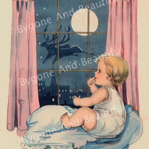 Vintage Antik Bild Weihnachten Mädchen Rentier warten auf Santa Junk Journal Scrapbook Digital Download