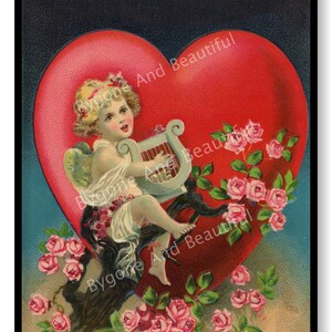 Cartão postal antigo anjo tocando harpa coração flores dia dos namorados lixo diário álbum de recortes download digital