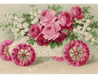 Postal antigua Coche Flores Rosas rosas Revista basura Álbum de recortes Descarga digital