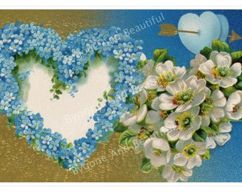 Antike Postkarte Herzen Blumen Vergissmeinnicht Rosen Junk Journal Scrapbook Digital Download