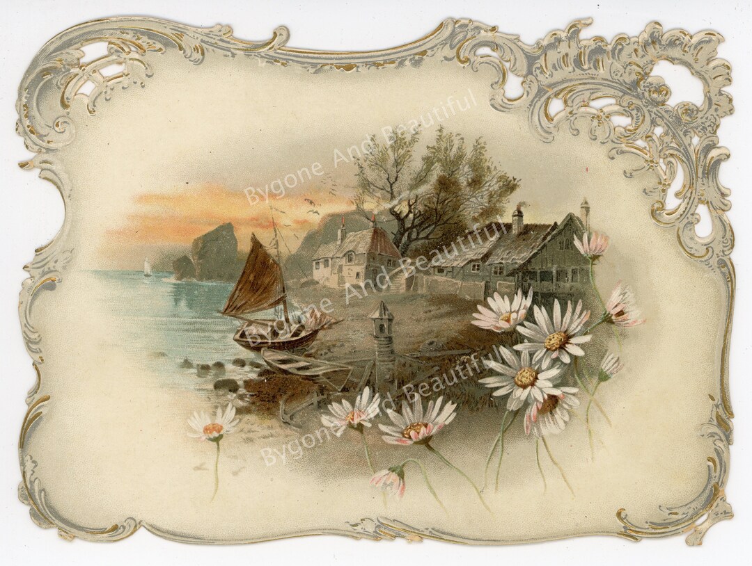 Simplex Post Card Antique Postcard Country Scene House Boat Flowers Junk Journal ...