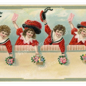 Antique Postcard Victorian Boys Girls Red Outfits Flowers Hats Junk Journal Scrapbook Digital Download