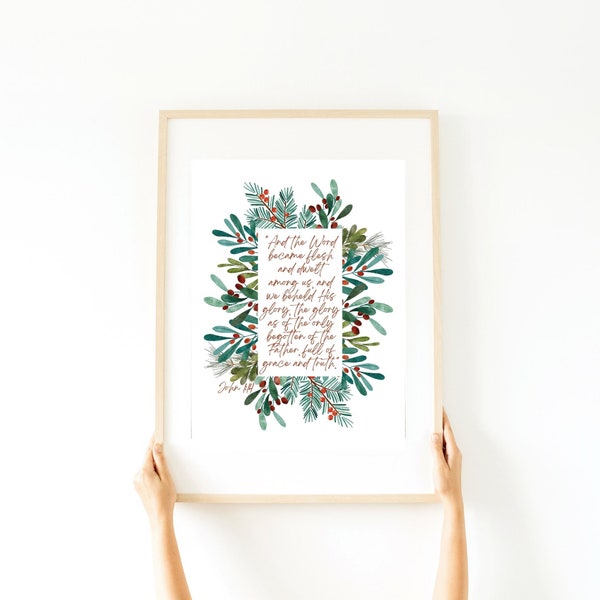 Digital Print Christmas Gift Watercolor Wreath Bible Scripture Wall Art John 1:14 And The Word Became Flesh And Dwelt Among Us