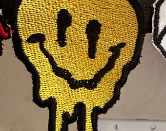 Embroidered sew on patch. Drip smiley face embroidery patch