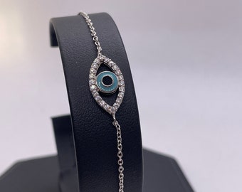 Evil eye bracelet lab created diamonds 925 sterling silver 8” adjustable