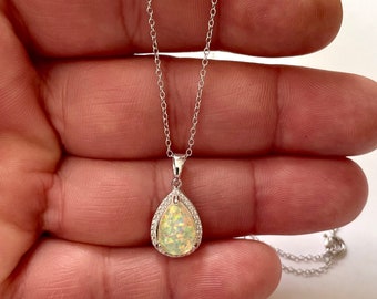 Tear drop opal center necklace pendant with lab created diamond accents 925 sterling silver chain 18'' adjustable