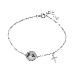 Word faith and dangling cross charm chain bracelet with lab created diamond accents 925 sterling silver 8'' adjustable