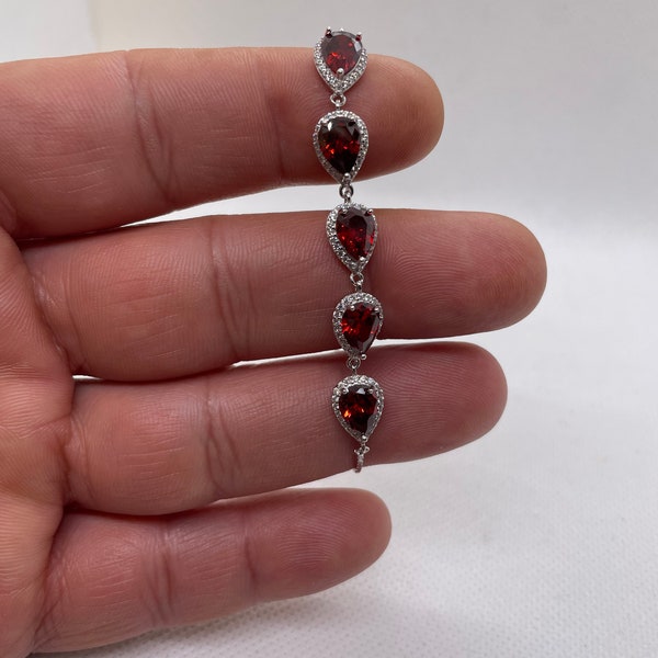 Lariat style bracelet with pear shape ruby and lab diamonds 925 sterling silverware