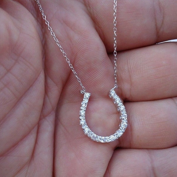 Horse shoe necklace with lab diamond accents 925 sterling silver necklace 18'' adjustable