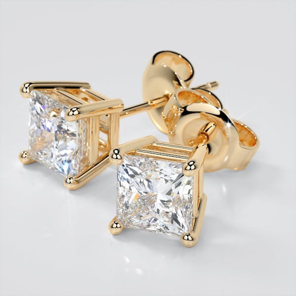 14k yellow or white gold stud earrings with 2 carats total princess cut flawless brilliant cut lab created diamonds size 6mm by 6mm each