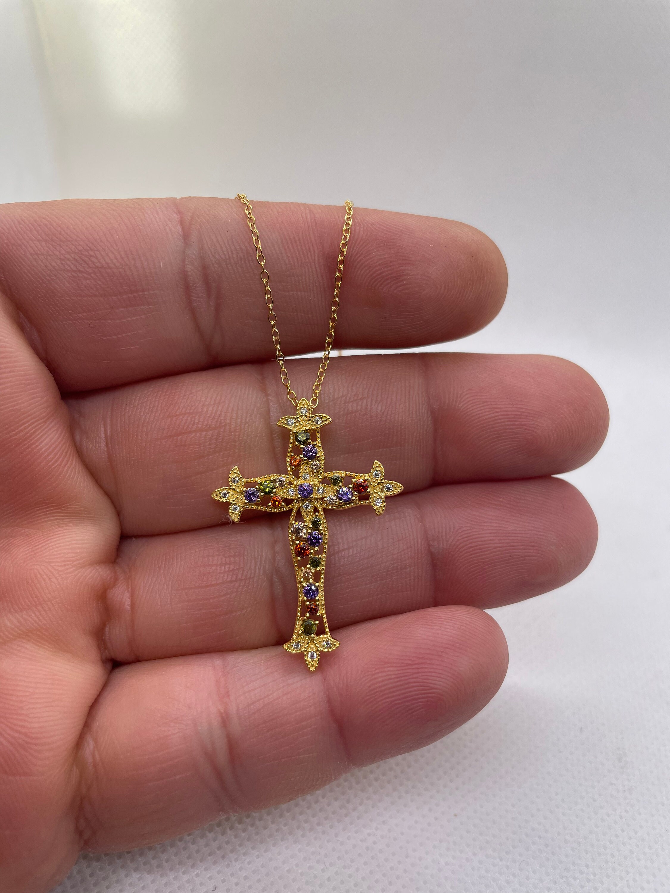 Multi Color Cross Necklace 14k Yellow Gold Over 925 Sterling Silver - Etsy