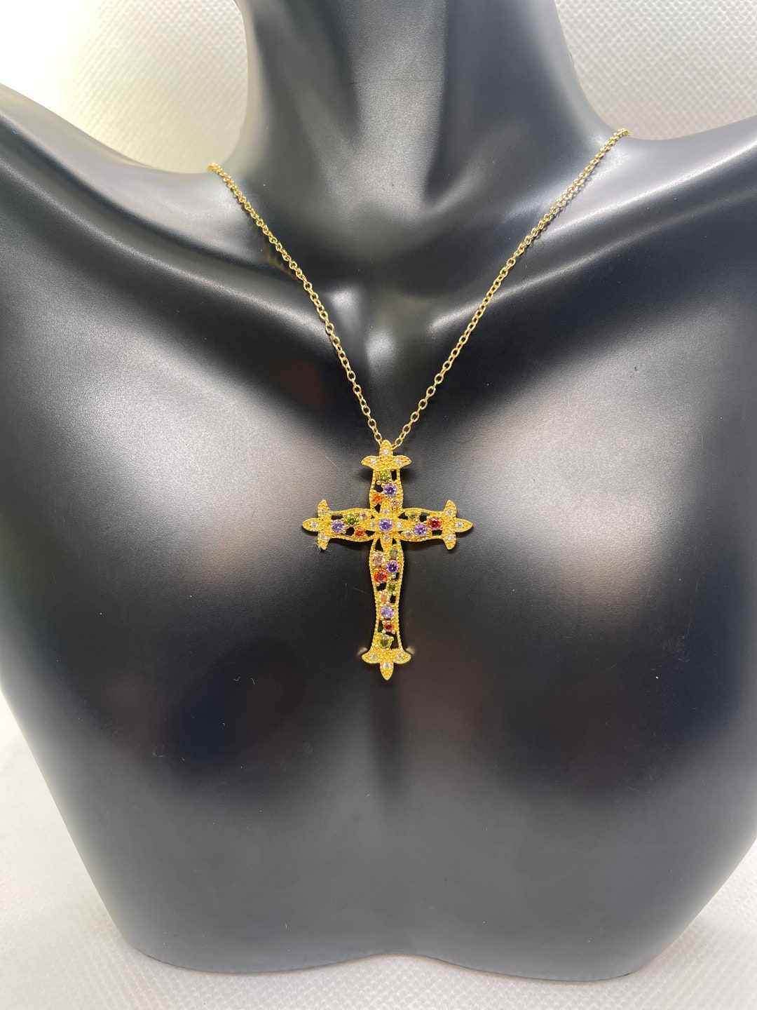 Multi Color Cross Necklace 14k Yellow Gold Over 925 Sterling Silver - Etsy