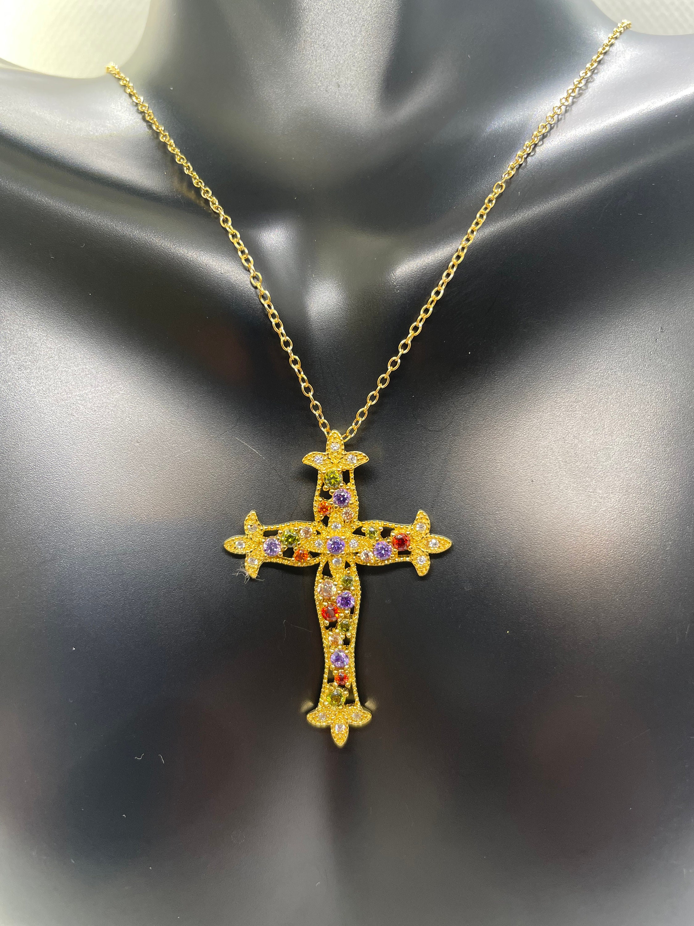 Multi Color Cross Necklace 14k Yellow Gold Over 925 Sterling Silver - Etsy