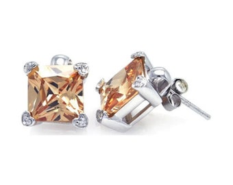 Sterling Silver 925 Square Champagne Stud Earrings with Lab Diamonds