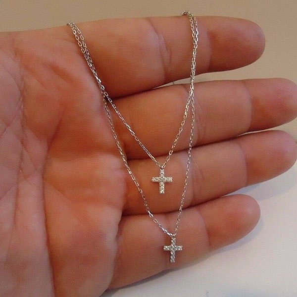 Double cross necklace with lab created diamond accents 925 sterling silver chain 18'' adjustable