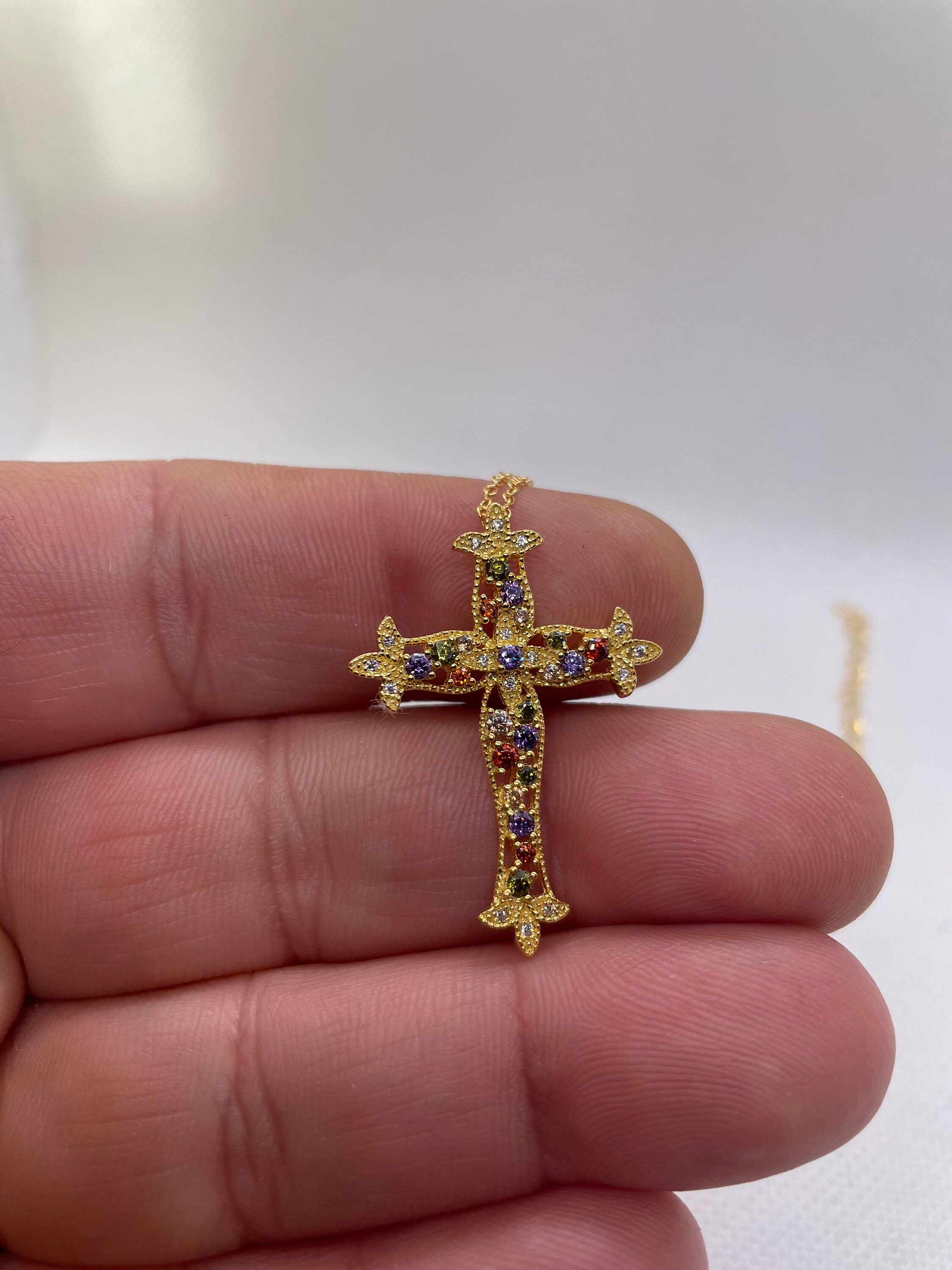 Multi Color Cross Necklace 14k Yellow Gold Over 925 Sterling Silver - Etsy
