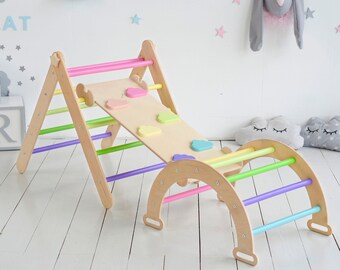 Ensemble de trois rampes d'escalade + arche + pliables, Triangle avec rampe de jeux intérieure, Triangle avec rampe Montessori pour tout-petits, Meubles d'escalade