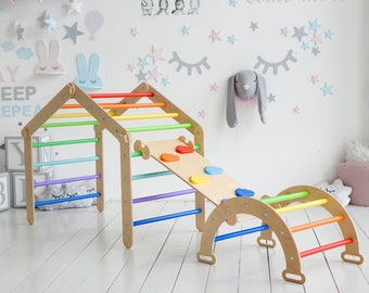 Klimdriehoek, boog, oprit met glijbaan, Montessori klimdriehoek, speeltuindriehoek, peuterklimmer, houten babygym