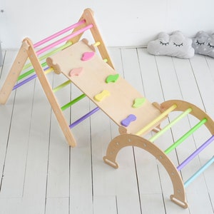 Juego de 3 artículos: Triángulo de desarrollo Arco Rampa con tobogán, Triángulo de escalada Montessori, Triángulo de juegos, Escalador para niños pequeños, Gimnasio para bebés de madera imagen 1