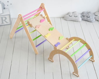 Juego de 3 artículos: Triángulo de desarrollo + Arco + Rampa con tobogán, Triángulo de escalada Montessori, Triángulo de juegos, Escalador para niños pequeños, Gimnasio para bebés de madera
