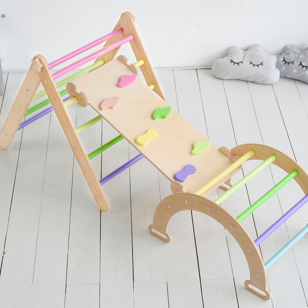 Set di 3 articoli: triangolo di sviluppo+arco+rampa con scivolo, triangolo di arrampicata Montessori, triangolo di gioco, scalatore per bambini, palestra per bambini in legno