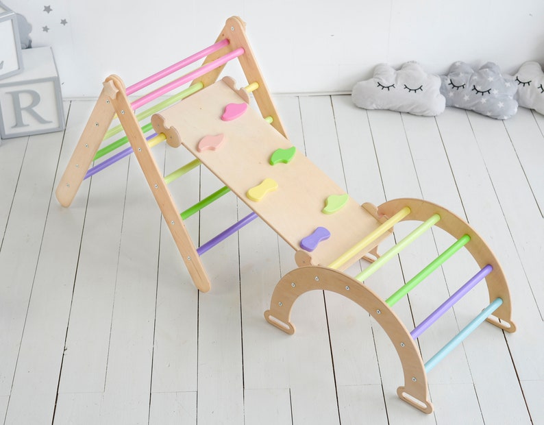 Lot de 3 articles : triangle de développement arche rampe avec toboggan, triangle d'escalade Montessori, triangle Playgraund, grimpeur pour tout-petits, baby gym en bois image 1