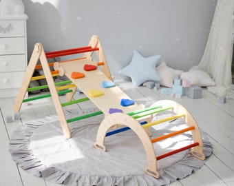 Parque infantil de interior para niños pequeños, Juego de escalada de madera para niños, Juego de 3 artículos: Triángulo de desarrollo Montessori+Arco+Rampa con tobogán