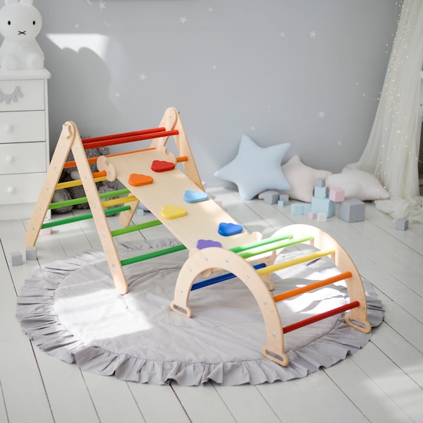 Indoor climbing frame for toddlers, Kids wooden climbing set, Set of 3Items: Montessori Development Triangle+Arch+Ramp with Slide