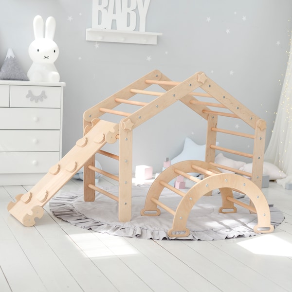 Klettern Montessori Möbel für Kleinkinder, Holz Baby Gym, Satz von 3Items Entwicklungsdreieck+Arch+Rampe mit Rutsche Kletterdreieck Set 3in1