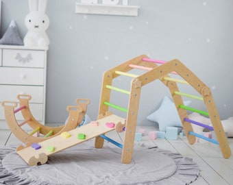 Triángulo de escalada Montessori, Spielfelddreieck, Kleinkindkletterer, juego de 3 artículos: Triángulo de desarrollo+Arco+Rampa con tobogán