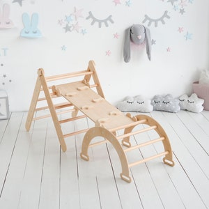 Juego de 3 artículos: Triángulo de desarrollo Arco Rampa con tobogán, Triángulo de escalada Montessori, Triángulo de juegos, Escalador para niños pequeños, Gimnasio para bebés de madera imagen 10