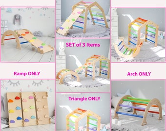 Set of 3Items: Development Triangle+Arch+Ramp with Slide, Montessoriklimdriehoek, Playgraundriehoek, Kleuter klimmer, Holz Baby Gym