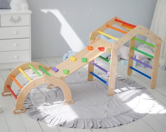 Combo de triángulo para patio de juegos: juego de escalador para niños pequeños con rampa en arco, triángulo Montessori y tobogán