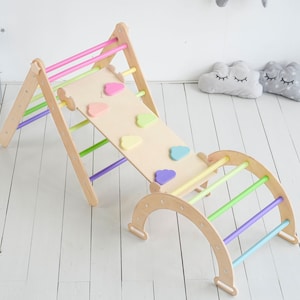 Juego de 3 artículos: Triángulo de desarrollo Arco Rampa con tobogán, Triángulo de escalada Montessori, Triángulo de juegos, Escalador para niños pequeños, Gimnasio para bebés de madera imagen 5