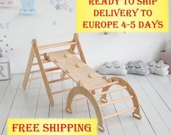 Triángulo de escalada de madera, arco, rampa y tobogán combinado para niños, triángulo de escalada Montessori, triángulo de juegos, escalador para niños pequeños