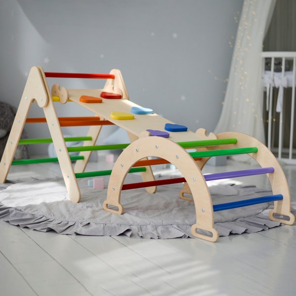 Folding climbing triangle for kids, Set of 3Items: Development Triangle+Arch+Ramp with Slide, Klettern Montessori Möbel für Kleinkinder