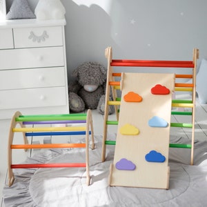 Juego de 3 artículos: Triángulo de desarrollo Arco Rampa con tobogán, Triángulo de escalada Montessori, Triángulo de juegos, Escalador para niños pequeños, Gimnasio para bebés de madera imagen 6