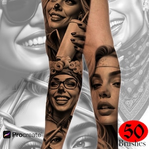 May include: A sepia-toned digital art piece featuring multiple portraits of smiling women, with one holding a beverage. The Procreate logo is visible in the lower left corner, and the number "50" with the word "Brushes" is in the lower right.