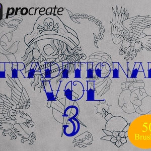 Può includere: Un set di 50 pennelli in stile tatuaggio tradizionale per Procreate, con un teschio, aquile, una bomba, un guanto da boxe e un rasoio. Il testo "TRADITIONAL VOL 3" è in blu.