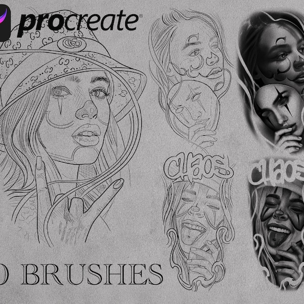 PROCREATE 60 pinceles STENCIL + PROYECTO Diseño de tatuaje chicano procrear sellos de pincel