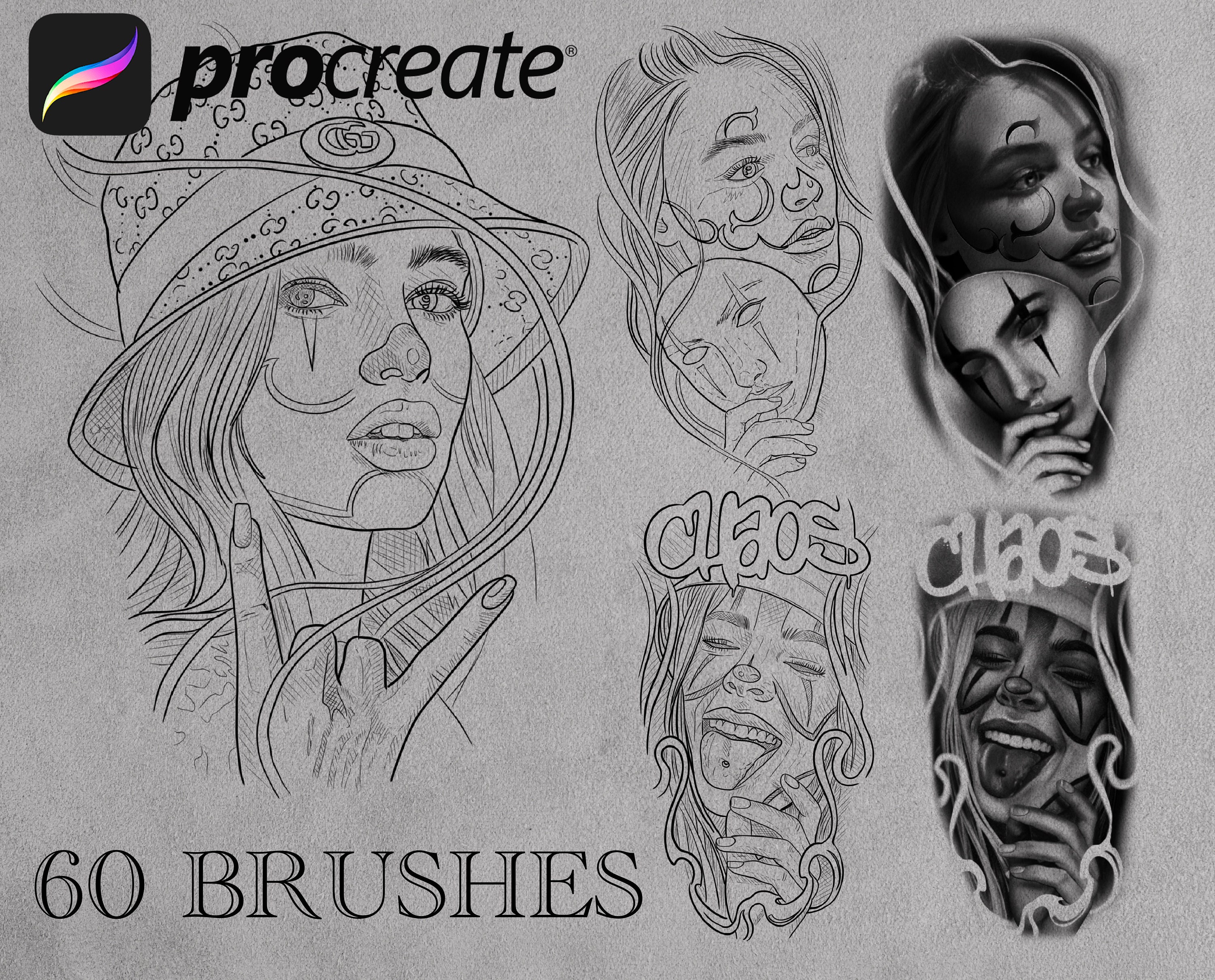 PROCREATE 60 brushes STENCIL + PROJECT Chicano tattoo design procreate brush stamps