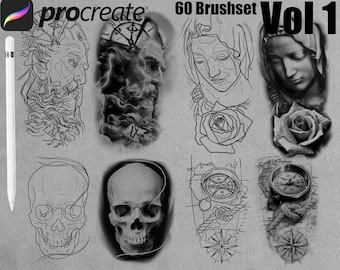 procreate 60 BRUSHES STENCIL + PROJECT vol 1. tattoo design procreate brush stamps