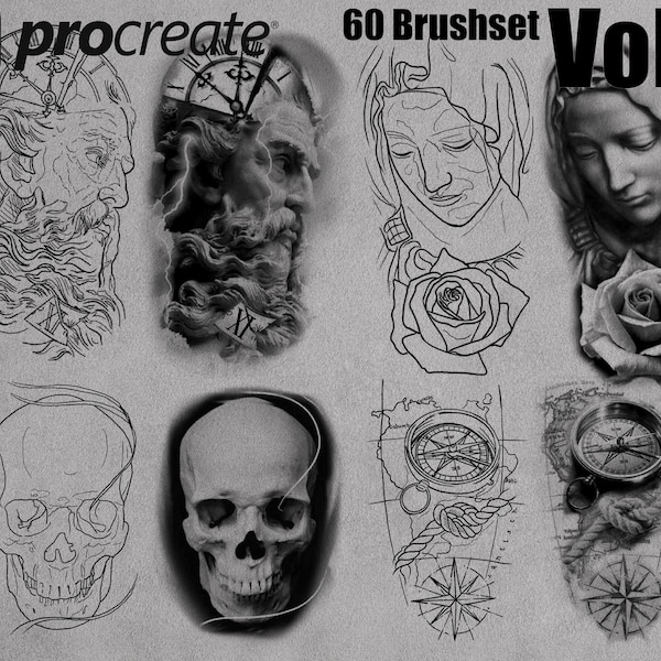 procreate 60 BRUSHES STENCIL + PROJECT vol 1. conception de tatouage procreate brush stamps