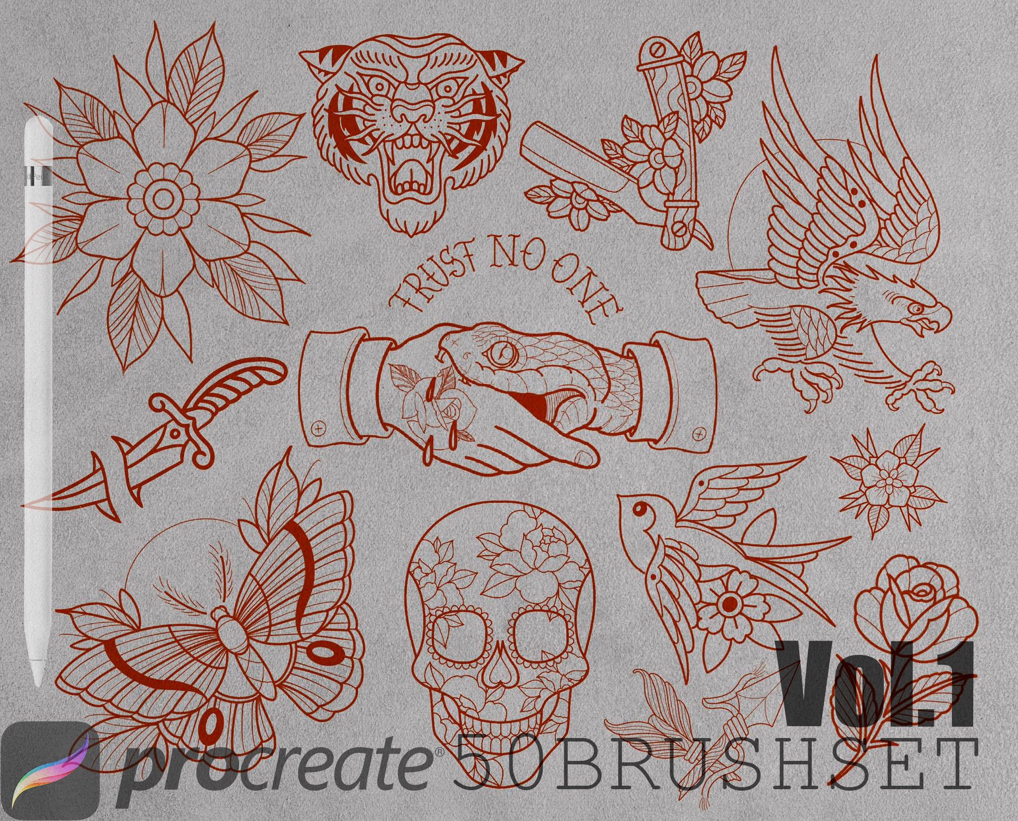 Procreate TRADITIONAL Vol.1 Tattoo Design Procreate Brush - Etsy
