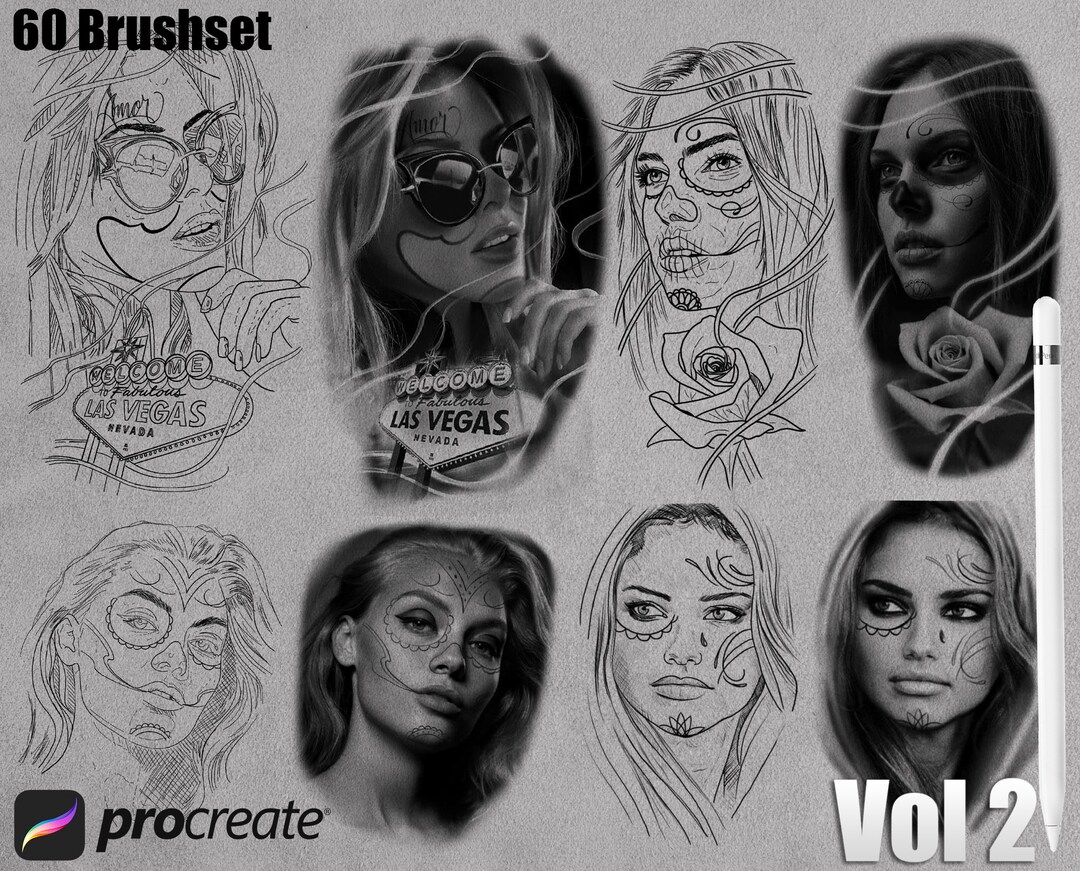 PROCREATE 60 Brushes STENCIL + PROJECT Vol 2. Tattoo Design Procreate ...